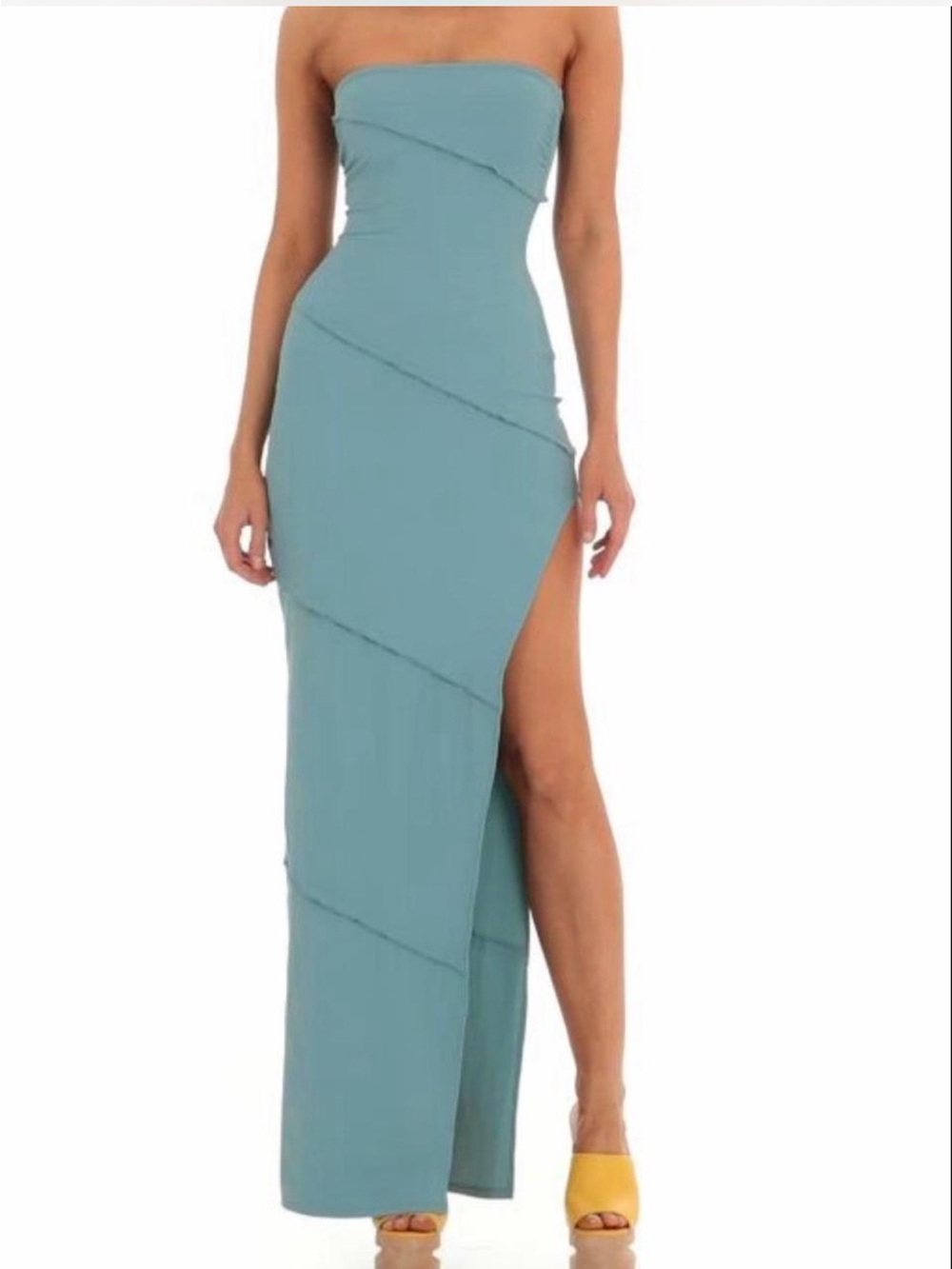 Lucy in the Sky Strapless Teal Maxi Dress with High Slit